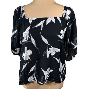 A New Day Mixed Media Top Square Neck Floral Black Size M Medium